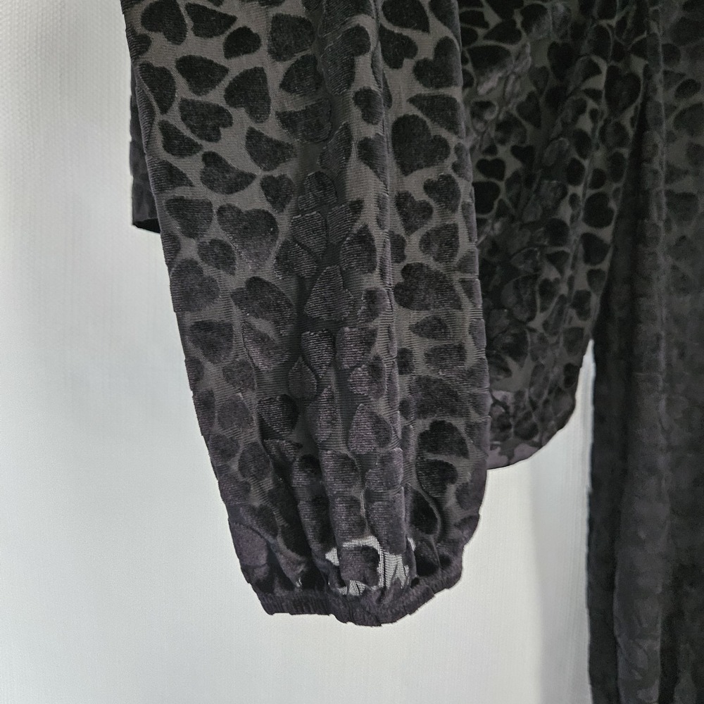 Audrey Parks Black Velvet Heart Mesh Ruched Crop Top XL Long Sleeve Romantc Goth - Picture 4 of 6